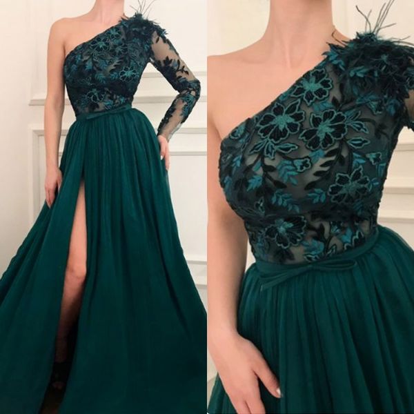 new arrival dark green one shoulder long sleeve a line prom dress delicate appliqued lace ruched high split evening gown, Black
new arrival dark green one shoulder long sleeve a line prom dress delicate appliqued lace ruched high split evening gown, Black