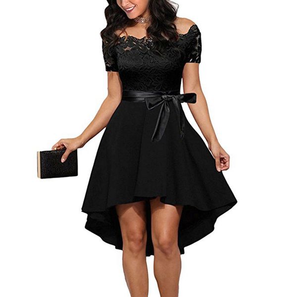 elegant women off shoulder dress short sleeve slash neck summer floral lace dresses cocktail party swing irregular dress, Black;gray
elegant women off shoulder dress short sleeve slash neck summer floral lace dresses cocktail party swing irregular dress, Black;gray