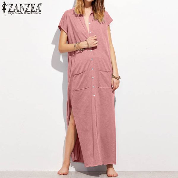 women maxi long dress 4xl 5xl zanzea 2019 summer casual solid loose turn-down collar short sleeve split hem beach sundress, Black;gray 
women maxi long dress 4xl 5xl zanzea 2019 summer casual solid loose turn-down collar short sleeve split hem beach sundress, Black;gray