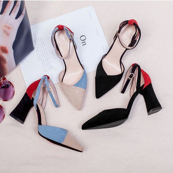 women spring pointed toe mixed color pumps woman chunky heels buckle strap single shoes female flock fashion ladies footwear new, Black
women spring pointed toe mixed color pumps woman chunky heels buckle strap single shoes female flock fashion ladies footwear new, Black