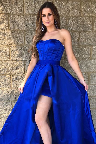 royal blue satin evening dress strapless side split women prom gown robe de soiree, Black;red
royal blue satin evening dress strapless side split women prom gown robe de soiree, Black;red