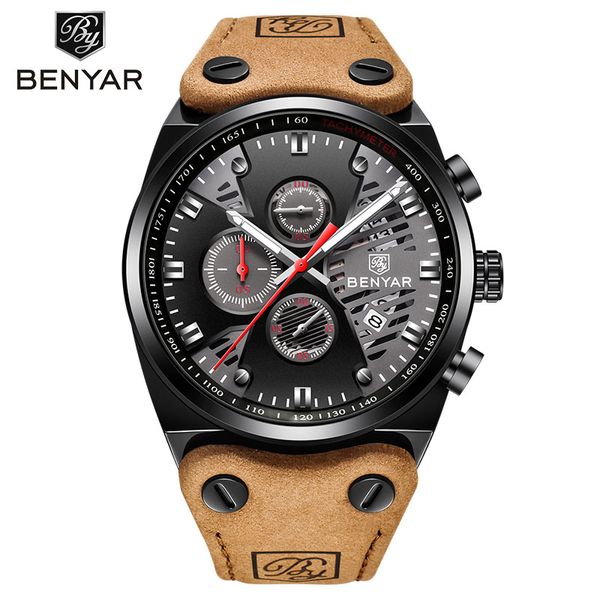 

benyar new 30m waterproof outdoor hollow sports chronograph watch skeleton calendar men's quartz wrist watches relogio masculino, Slivery;brown