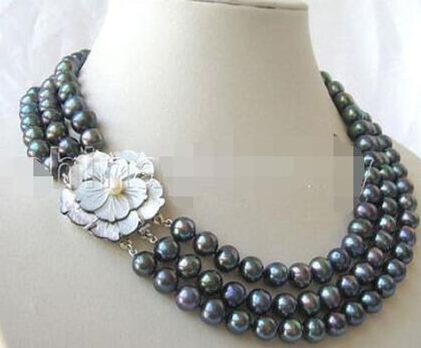 p3394 3row 17-19 "natural 8-9mm black round freshwater pearl necklace-, Silver
p3394 3row 17-19 "natural 8-9mm black round freshwater pearl necklace-, Silver