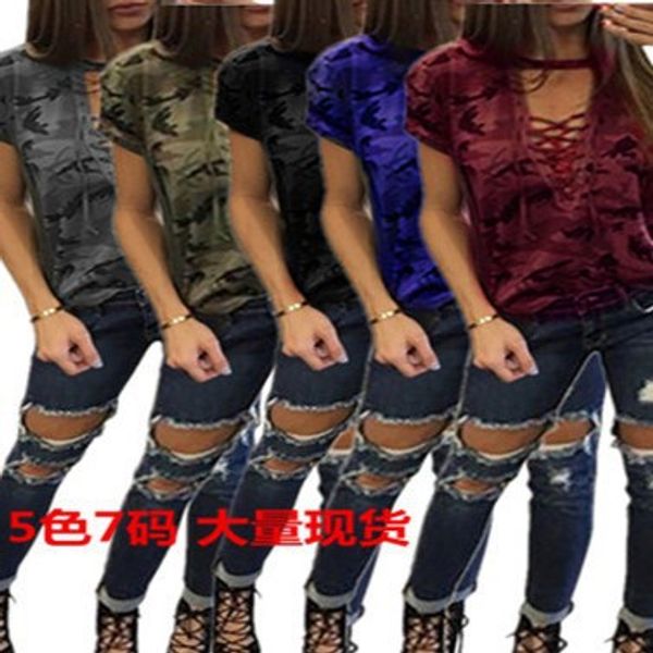 selling camouflage low-cut porous bandage cloth short sleeved women's clothing t-shirt five-color size seven, White
selling camouflage low-cut porous bandage cloth short sleeved women's clothing t-shirt five-color size seven, White