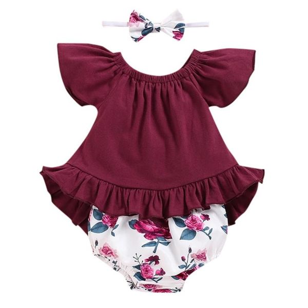 toddler baby girl clothes sleeve solid ruffle romper floral print shorts baby headband outfits summer clothing set, White 
toddler baby girl clothes sleeve solid ruffle romper floral print shorts baby headband outfits summer clothing set, White