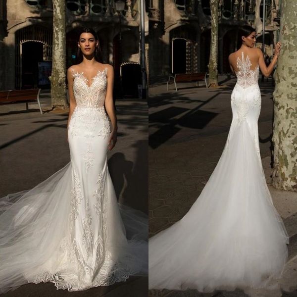 berta sheer jewel neck mermaid wedding dresses sleeveless lace appliques ruffles tulle court train vestido de novia bridal gowns, White
berta sheer jewel neck mermaid wedding dresses sleeveless lace appliques ruffles tulle court train vestido de novia bridal gowns, White