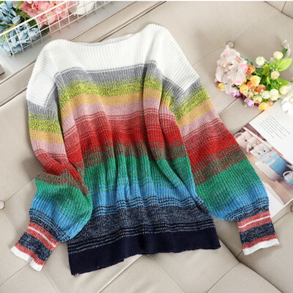 women's slash neck rainbow striped sweater lady autumn knit sweater female lantern sleeve pullovers chic tb3519, White;black
women's slash neck rainbow striped sweater lady autumn knit sweater female lantern sleeve pullovers chic tb3519, White;black