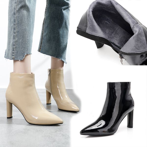 side zipper fashionable lacquer professional women's boots with velvet pointed high heel in autumn and winter, Black
side zipper fashionable lacquer professional women's boots with velvet pointed high heel in autumn and winter, Black