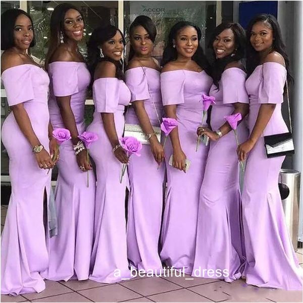 off the shoulder african lavender mermaid bridesmaid dresses with short sleeves elastic satin sweep train wedding guest dresses, White;pink
off the shoulder african lavender mermaid bridesmaid dresses with short sleeves elastic satin sweep train wedding guest dresses, White;pink