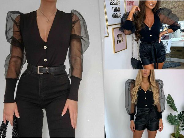 women puff long sleeve shirts see-through sheer mesh blouse ladies fashion slim deep v-neck lady button blouse, White
women puff long sleeve shirts see-through sheer mesh blouse ladies fashion slim deep v-neck lady button blouse, White