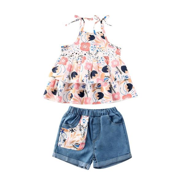new little girls outfits 2-piece set kids summer fashion casual print sling + denim shorts suit, White
new little girls outfits 2-piece set kids summer fashion casual print sling + denim shorts suit, White