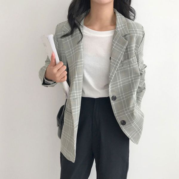 

2019 new autumn women's plaid suit retro niche korean version of the long section long sleeve contrast color check loose jacket, White;black
