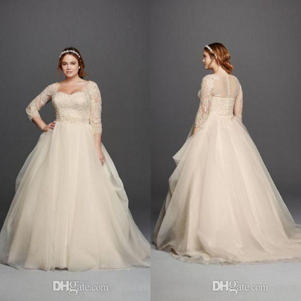 new vintage a line wedding dresses scoop neck 3/4 long sleeves lace applique beads covered button plus size sweep train bridal gowns, White
new vintage a line wedding dresses scoop neck 3/4 long sleeves lace applique beads covered button plus size sweep train bridal gowns, White