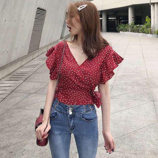 women's dot print v-neck shirts short sleeve lace up blouse lady ruffles chiffon blouse women's clothing, White
women's dot print v-neck shirts short sleeve lace up blouse lady ruffles chiffon blouse women's clothing, White