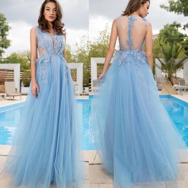 2019 light sky blue backless prom dresses with 3d applique floor length sheer v neck zipper back formal evening party gowns sleeveless, Black
2019 light sky blue backless prom dresses with 3d applique floor length sheer v neck zipper back formal evening party gowns sleeveless, Black