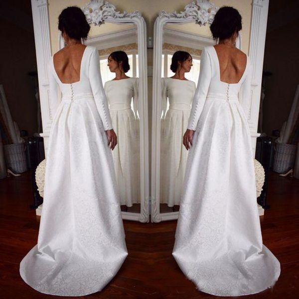 2019 Vintage Satin Wedding Dresses Bateau Long Sleeves Backless Sweep Train Draped Garden Bridal Gowns Custom Made Robe De Mariage 
2019 Vintage Satin Wedding Dresses Bateau Long Sleeves Backless Sweep Train Draped Garden Bridal Gowns Custom Made Robe De Mariage