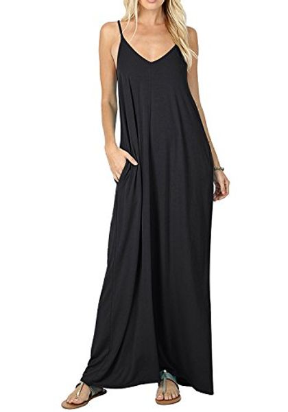 

fululai women's summer casual spaghetti strap plain loose flowy beach cami maxi dress with pockets, Black;gray
