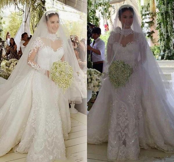 luxury shiny lace applique mermaid wedding dresses with detachable royal train 2019 high neck illusion long sleeve church wedding gown, White
luxury shiny lace applique mermaid wedding dresses with detachable royal train 2019 high neck illusion long sleeve church wedding gown, White