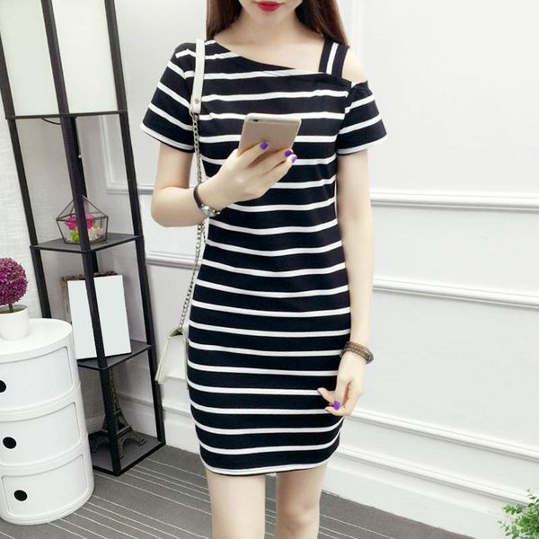 summer short sleeved shoulder dress women slim long stripe dress strap, Black;gray 
summer short sleeved shoulder dress women slim long stripe dress strap, Black;gray