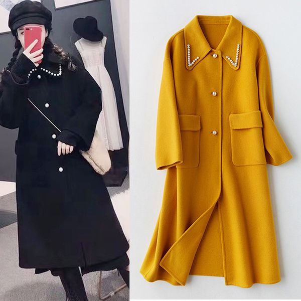 2019 new long pearls double-faced cashmere coat women's full wool coat winter jacket, Black
2019 new long pearls double-faced cashmere coat women's full wool coat winter jacket, Black