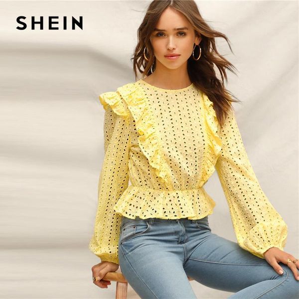 

shein yellow ruffle detail embroidered eyelet peplum bishop sleeve blouse women spring elegant boho solid lace blouses, White