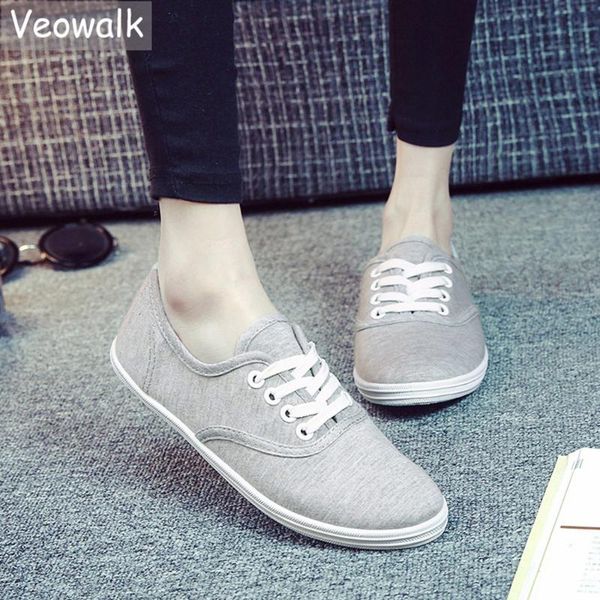 veowalk women canvas flats women lace up canvas sneakers low plain shoes comfortable ladies shoes for casual walking, Black