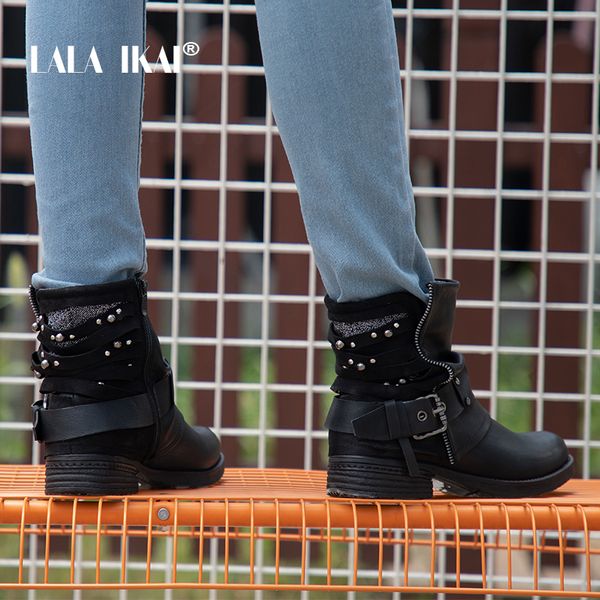 lala ikai women pu leather zipper ankle boots buckle patchwork suede plush med heel western boots women shoes 100a2158 -49, Black
lala ikai women pu leather zipper ankle boots buckle patchwork suede plush med heel western boots women shoes 100a2158 -49, Black