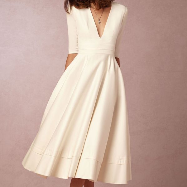 2020 simple new vintage deep v-neck half sleeves party dresses tea-length short beach party bridal plus size gown custom make, Black
2020 simple new vintage deep v-neck half sleeves party dresses tea-length short beach party bridal plus size gown custom make, Black