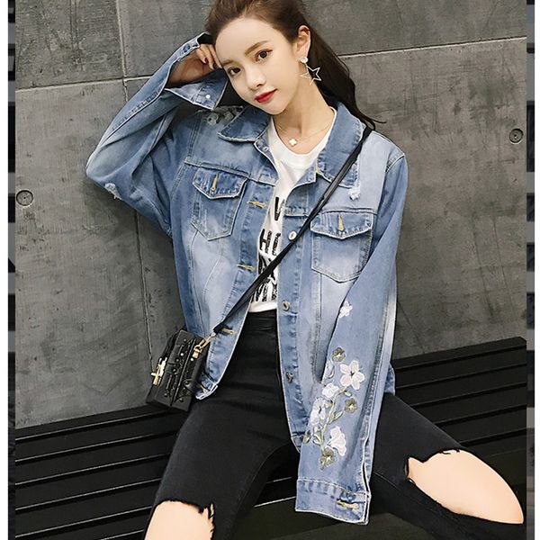 jujuland lady's blue flower embroidered  outwear loose coat fashion classic style turn-down collar denim jackets 6826, Black;brown
jujuland lady's blue flower embroidered  outwear loose coat fashion classic style turn-down collar denim jackets 6826, Black;brown
