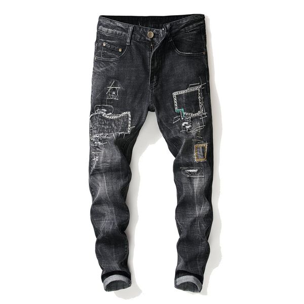 2019 new jeans men hole embroidery patchwork jean straight leg male casual pants black cotton ripped denim trousers, Blue
2019 new jeans men hole embroidery patchwork jean straight leg male casual pants black cotton ripped denim trousers, Blue
