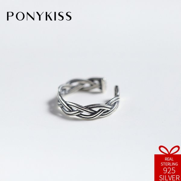 

ponykiss vintage 100% 925 thai silver adjustable opening twist rope ring fine jewelry women birthday party gift accessory, Golden;silver