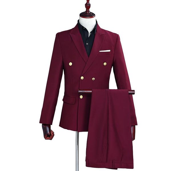 men's business casual suit golden double-breasted lapel wine red slim suit two piece set (jacket+pants) banquet party set, White;black
men's business casual suit golden double-breasted lapel wine red slim suit two piece set (jacket+pants) banquet party set, White;black