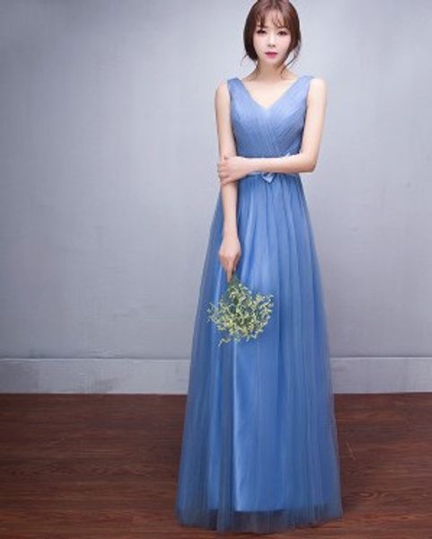 long blue evening dress floor length tulle v neck sleeveless wedding party dress with bow, White;black
long blue evening dress floor length tulle v neck sleeveless wedding party dress with bow, White;black