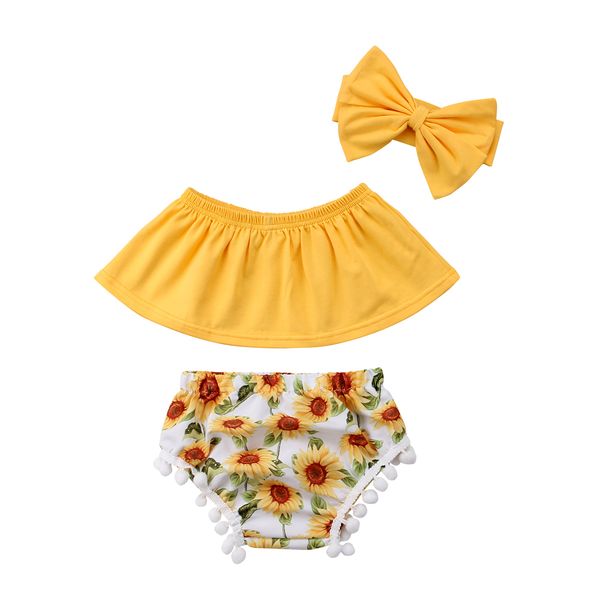 new summer 3pcs newborn infant baby girl outfits clothes off shoulder yellow sunflower print shorts cute headband set, White
new summer 3pcs newborn infant baby girl outfits clothes off shoulder yellow sunflower print shorts cute headband set, White