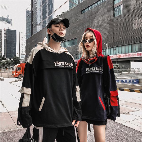 2019 new men hooded pocket hanging strap high street hoodie, Black 
2019 new men hooded pocket hanging strap high street hoodie, Black