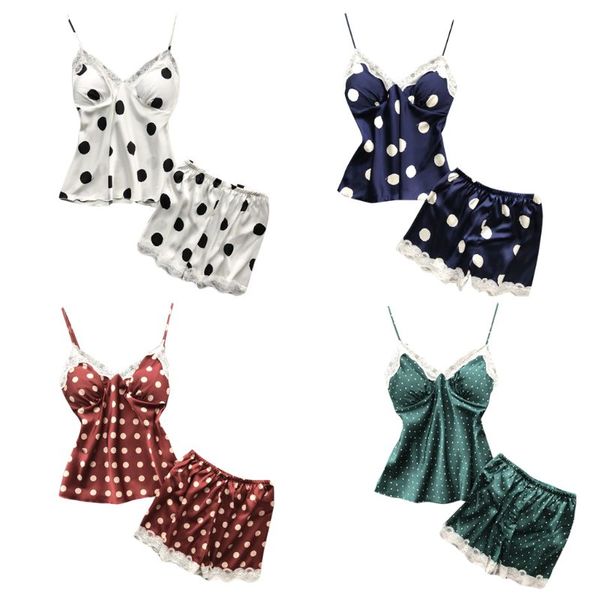 women summer pajamas set polka dot print deep v-neck camisole tank loose floral lace patchwork shorts sleepwear new, Blue;gray
women summer pajamas set polka dot print deep v-neck camisole tank loose floral lace patchwork shorts sleepwear new, Blue;gray