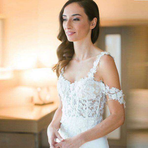 gorgeous mermaid wedding dress spaghetti straps off the shoulder appliques illusion sweep train wedding dresses custom made, White
gorgeous mermaid wedding dress spaghetti straps off the shoulder appliques illusion sweep train wedding dresses custom made, White