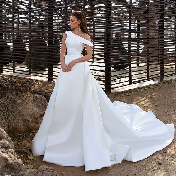 simple a line one shoulder wedding dresses sheer neck plus size bridal gowns court train satin robe de mariée, White
simple a line one shoulder wedding dresses sheer neck plus size bridal gowns court train satin robe de mariée, White