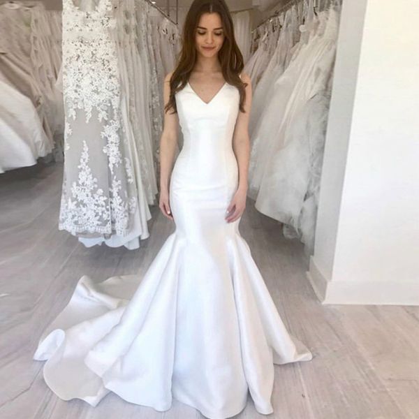 simple white satin mermaid dress customized v-neck wedding dresses sweep train bridal gowns formal party plus size robe de mariée 2020
simple white satin mermaid dress customized v-neck wedding dresses sweep train bridal gowns formal party plus size robe de mariée 2020
