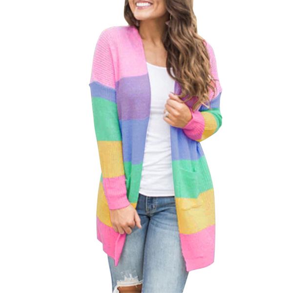 women's sweaters 2021 spring women rainbow color long sleeve knit cardigans sweater, White;black
women's sweaters 2021 spring women rainbow color long sleeve knit cardigans sweater, White;black