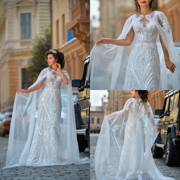sparkly beach mermaid wedding dresses with long wraps sequined lace appliques boho bridal gowns plus size vestido de novia, White
sparkly beach mermaid wedding dresses with long wraps sequined lace appliques boho bridal gowns plus size vestido de novia, White