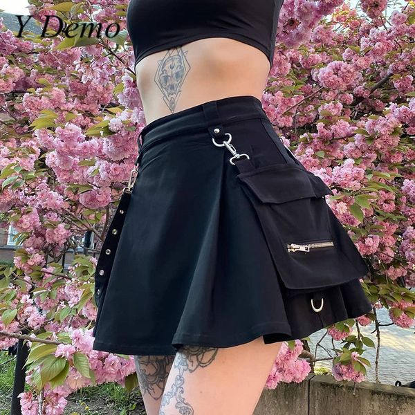y demo gothic high waist pocket belt skirt women black a-line skirts