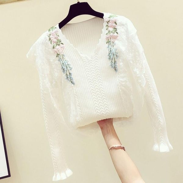 v-neck lace ruffle floral embroidered long-sleeve womens sweaters 2020 spring winter new fashion white sweater kintwear jumper, White;black
v-neck lace ruffle floral embroidered long-sleeve womens sweaters 2020 spring winter new fashion white sweater kintwear jumper, White;black
