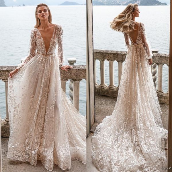 stunning lace long sleeves wedding dresses deep v neck backless bridal gowns a line sweep train tulle robe de mariée, White
stunning lace long sleeves wedding dresses deep v neck backless bridal gowns a line sweep train tulle robe de mariée, White