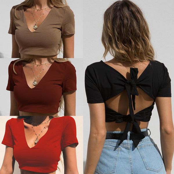 women designer crop solid color short tshirts deep v-neck fashion short sleeved tees, White
women designer crop solid color short tshirts deep v-neck fashion short sleeved tees, White