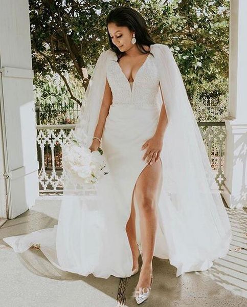 2019 African Stunning Deep V Neck Sheath Wedding Dresses With Long Tulle Cape Lace Bridal Gowns High Side Split Vestido de Novias
2019 African Stunning Deep V Neck Sheath Wedding Dresses With Long Tulle Cape Lace Bridal Gowns High Side Split Vestido de Novias