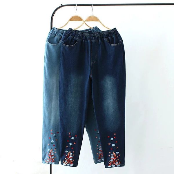 

women high waist jeans embroidery pants slim vintage plus size denim jeans elastic washed casual ladies mom pants q335, Blue