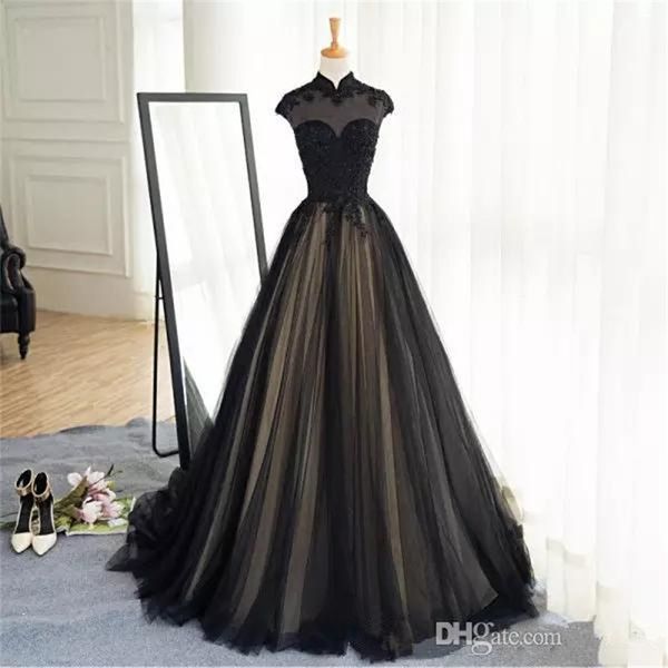 black gothic wedding dresses vintage high neck cap sleeve lace tulle a line modest design bridal gowns sweep train custom made, White
black gothic wedding dresses vintage high neck cap sleeve lace tulle a line modest design bridal gowns sweep train custom made, White