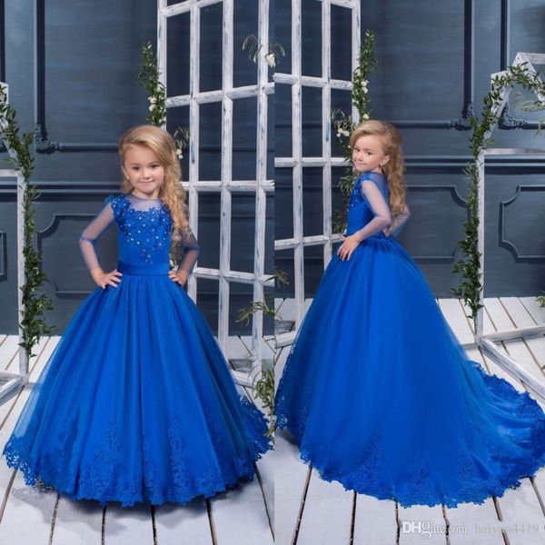 royal blue girls pageant dresses jewel neck lace appliques beaded long sleeves princess a line belt flower girls dress birthday gowns, White;blue 
royal blue girls pageant dresses jewel neck lace appliques beaded long sleeves princess a line belt flower girls dress birthday gowns, White;blue