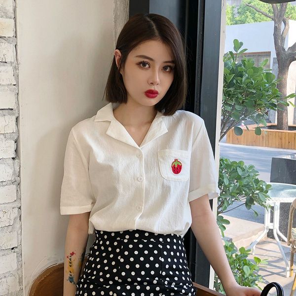 women's blouses & shirts 2021 summer fruit embroidery pattern turn-down collar boluse loose casual short sleeve single breasted top, White
women's blouses & shirts 2021 summer fruit embroidery pattern turn-down collar boluse loose casual short sleeve single breasted top, White